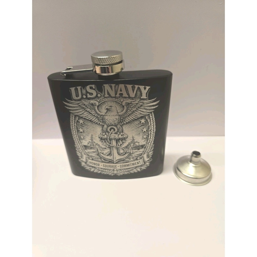United States US Navy Hip Flask Engraved Honor Courage Commitment Gift 6oz Black